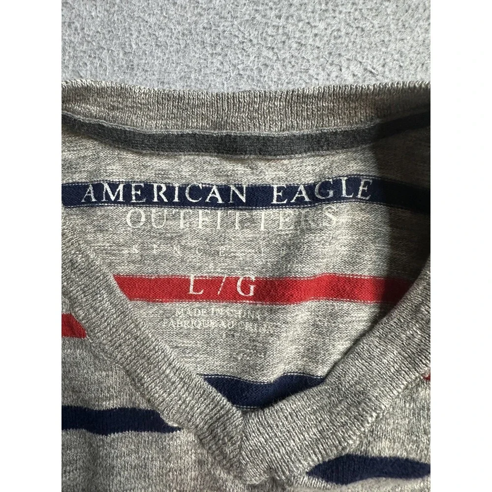 American Eagle Sweater Mens L V-Neck Grey Red Navy Blue Striped Cotton Logo